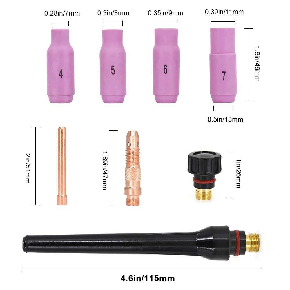 17pcs TIG Torch Accessories with Collect Body, Short/Long Back Cap, Ceramic Series Cup